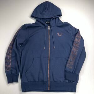 True Religion Blue Rose Gold Crystal Box Boyfriend Zip Hoodie Sweatshirt Size M